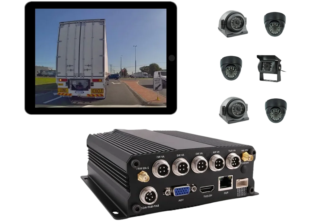 Geosecure's heavy truck 6-camera system showing live feeds on a tablet with six cameras and a central DVR unit for storage.